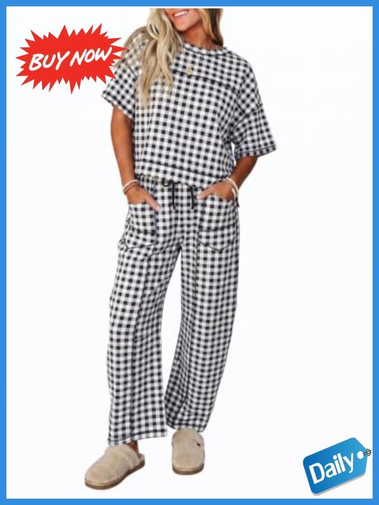 Pants - Womens 2 Piece Lounge Set Crop Tee Wide Leg Pants Matching Travel Outfit